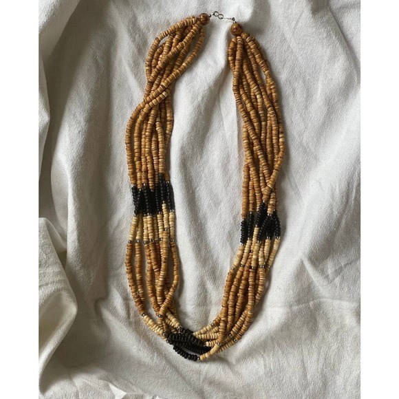 Vintage Neutral Tribal Style Multi- Layer Beaded Necklace, boho bohemian ethnic - Picture 2 of 6